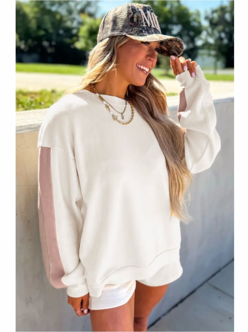 White Color Block Patchwork Drop Shoulder Pullover 2 piece Outfit - Picture 2 of 10